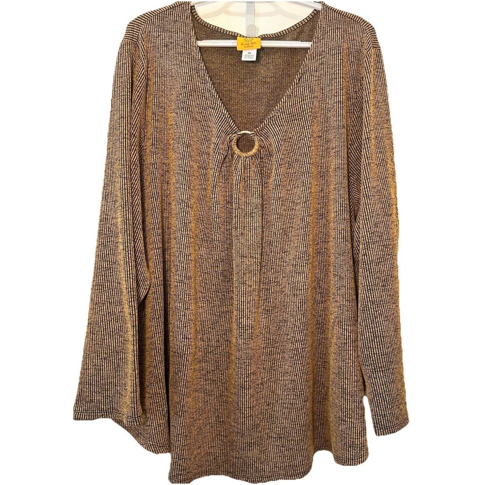 Ruby Rd Woman 3X Brown Ribbed Knit Top V-Neck Ring Detail Stretch Cognac